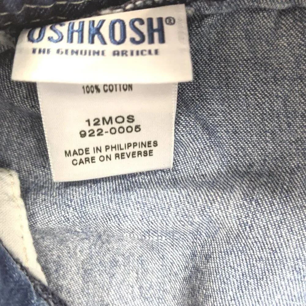 Vintage Oshkosh B'gosh Overalls Dress Baby Girls Size 12m Solid Denim